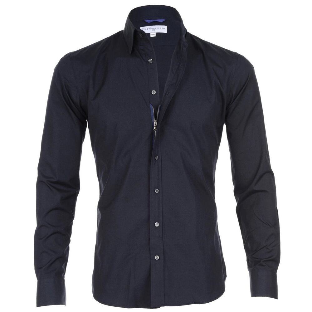 Teddy Stratford NYC Midnight Blue Wrinkle Resistant Broadcloth Zip Shirt Formal